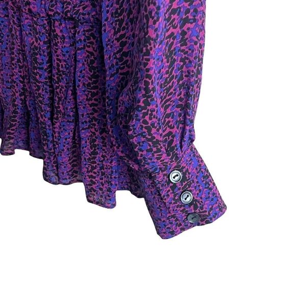 PARKER Silk Faux Wrap Blouse Print Ruffle Bottom Leather Shoulder Purple XS - Picture 4 of 6